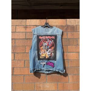 Custom Metalhead Y2K Vintage Carbon Denim Patch Vest Iron Maiden Black Sabbath
